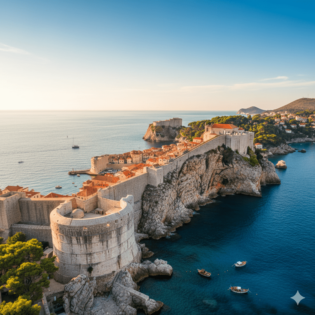 Monumentalne, wysokie mury obronne wykonane z jasnego kamienia, wyrastające bezpośrednio z błękitnych wód morza