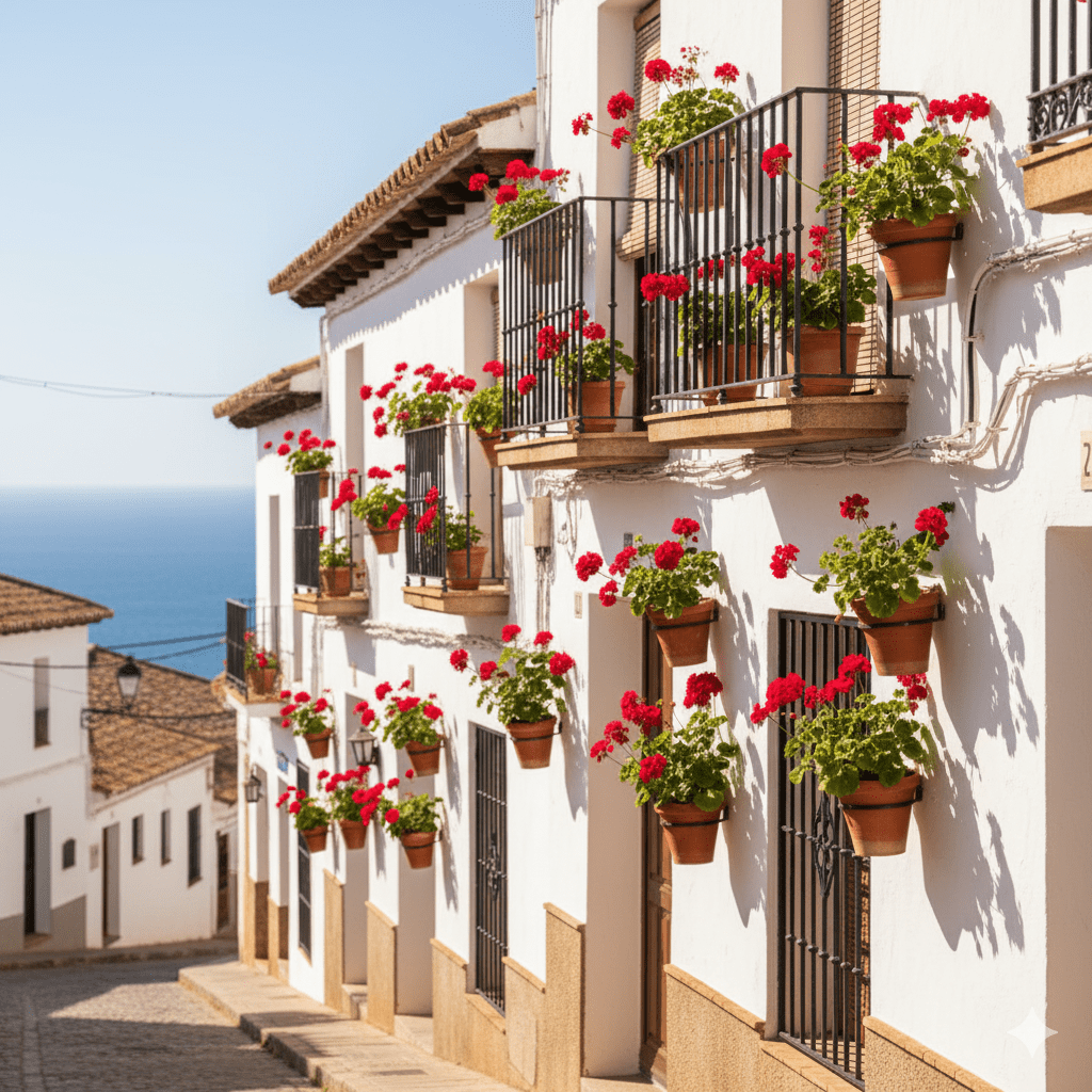 Tradycyjny hiszpański budynek o białych ścianach i czerwonej dachówce, ozdobiony donicami z kwitnącymi pelargoniami.