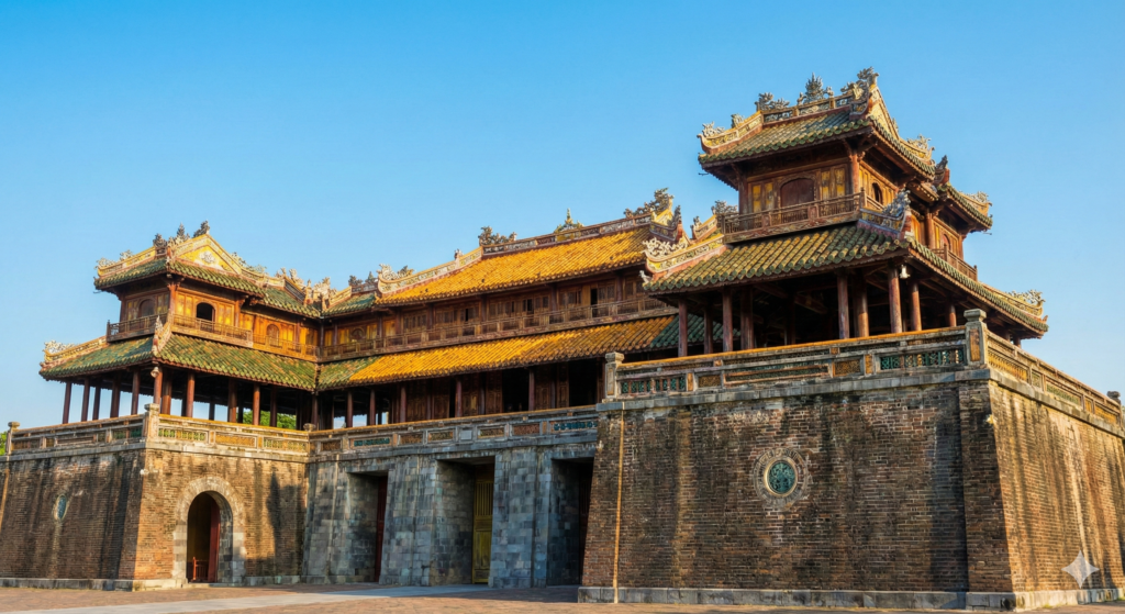 Imponująca, bogato zdobiona brama Południkowa (Ngo Mon), stanowiąca główne wejście do Cesarskiej Cytadeli w Hue, z widocznymi tradycyjnymi dachami i kolorowymi detalami.