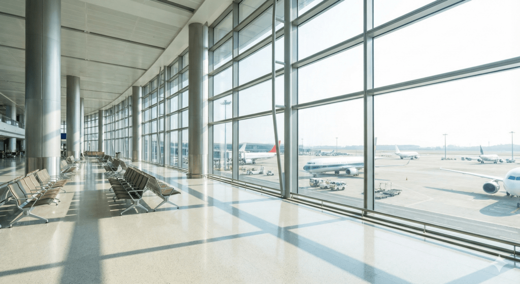Jasne, nowoczesne wnętrze terminala międzynarodowego lotniska z dużymi oknami wychodzącymi na płytę lotniska, symbolizujące zakończenie podróży i wylot.