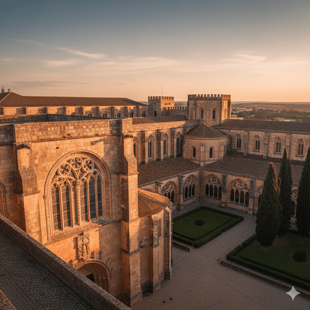 Obronny, kamienny Klasztor Zakonu Chrystusa w Tomar, ukazujący bogato zdobione detale architektury manuelińskiej i surowe mury templariuszy.