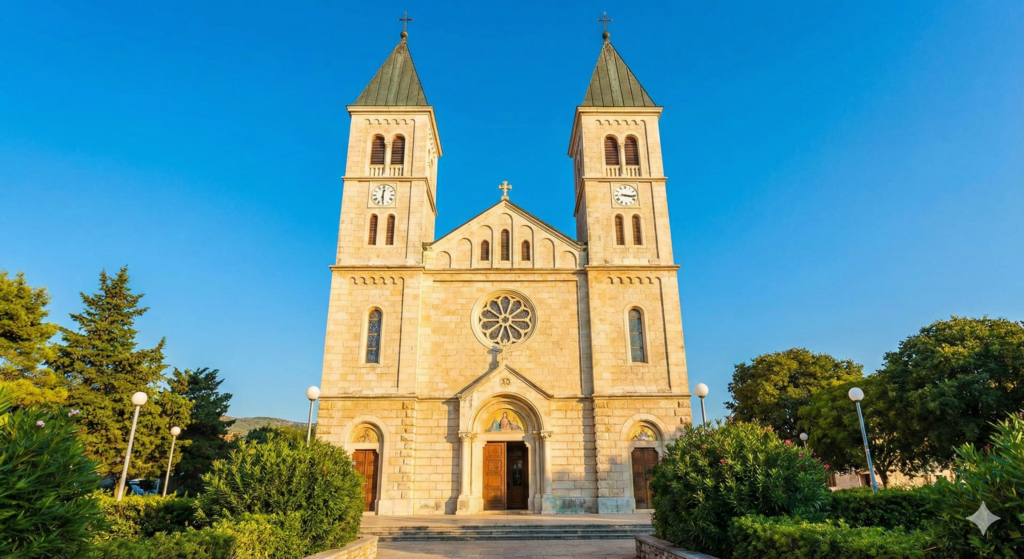 Front kościoła św. Jakuba w Medjugorie z jego dwiema charakterystycznymi wieżami, skąpany w promieniach słońca na tle głębokiego błękitu nieba.