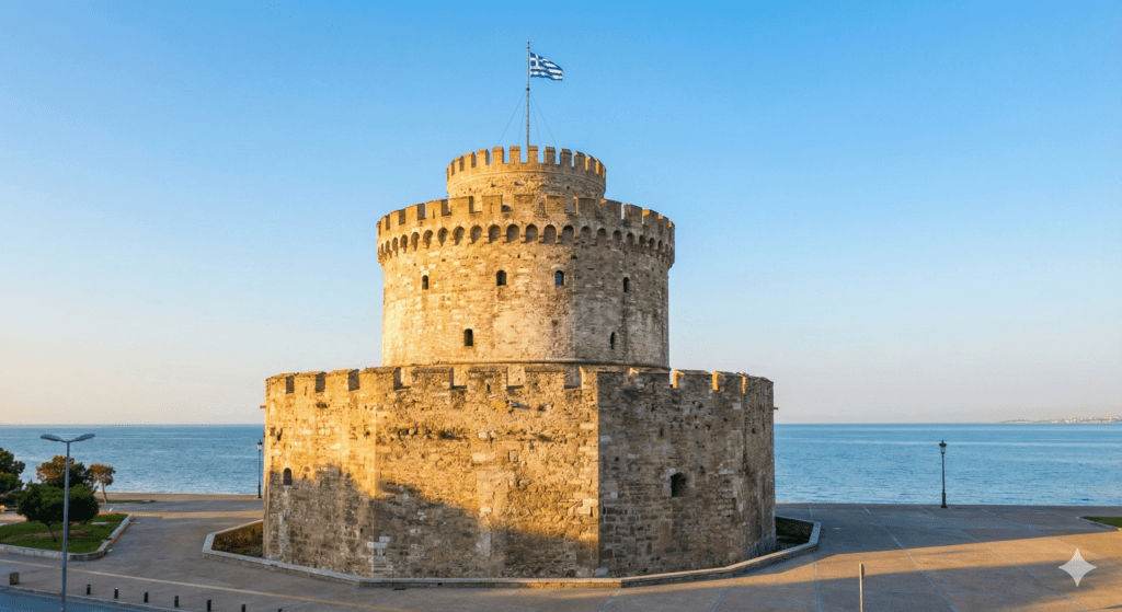 Biała Wieża w Salonikach, masywna kamienna konstrukcja obronna na planie koła, oświetlona ciepłym światłem poranka.