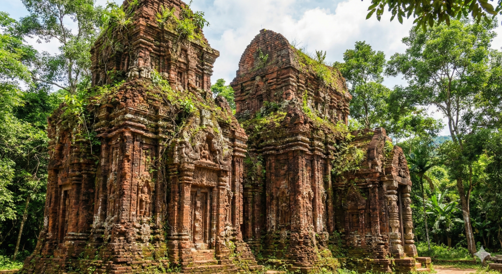 Starożytne, zrujnowane wieże świątyń hinduistycznych z czerwonej cegły w kompleksie My Son, porośnięte mchem i otoczone gęstą tropikalną dżunglą w słońcu.