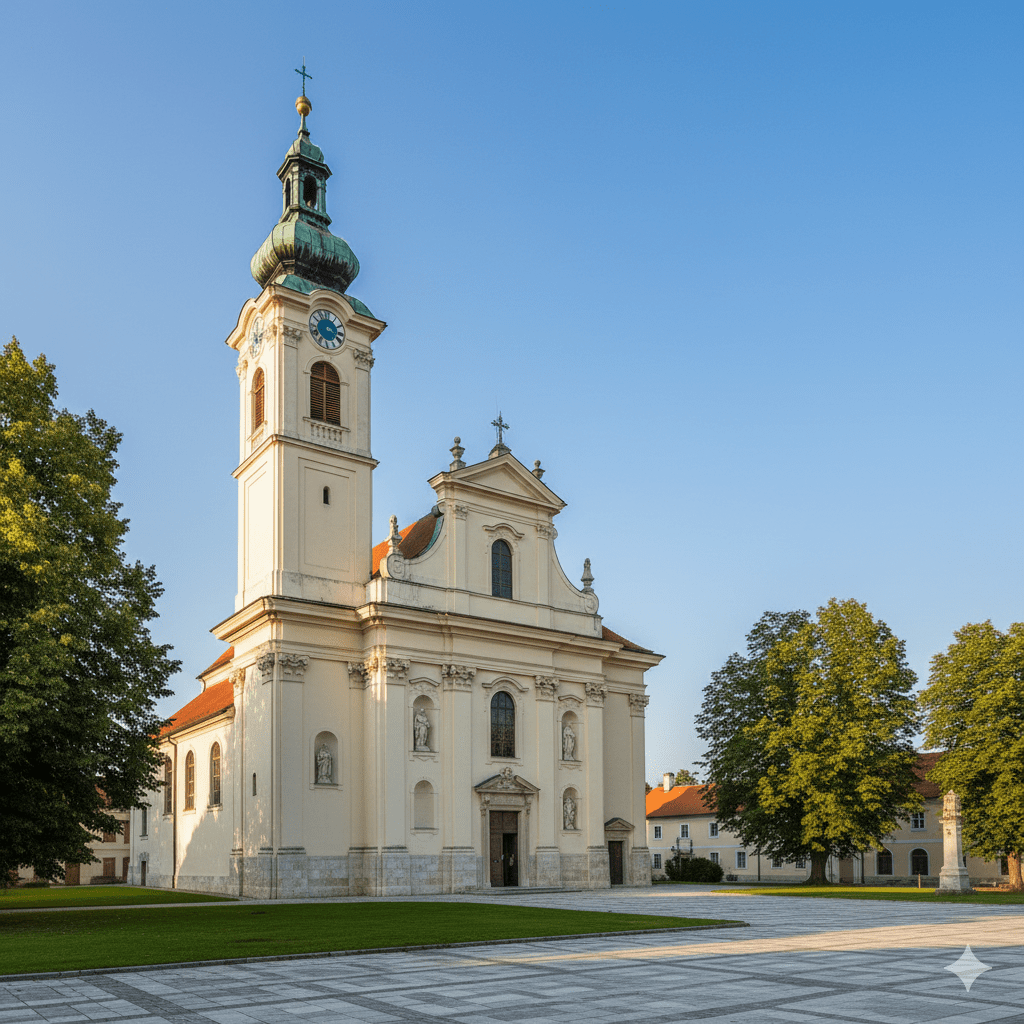 Fasada barokowego kościoła o jasnych murach z wysoką, smukłą wieżą zegarową zwieńczoną ozdobnym hełmem.