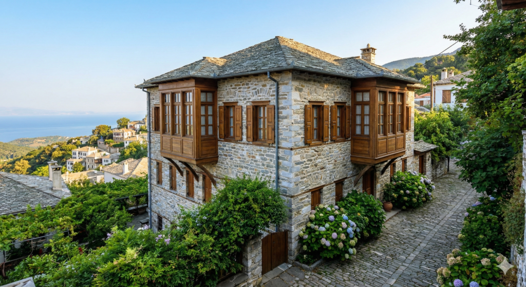 Tradycyjny, piętrowy dom z kamienia w wiosce Makrinitsa, z dachem z szarych łupków i drewnianymi okiennicami, otoczony zielenią.