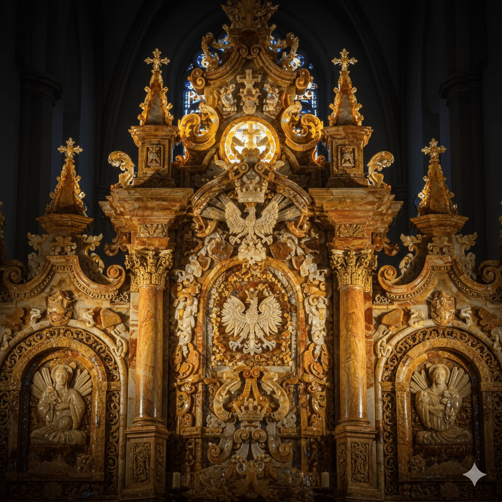 Bursztynowy Ołtarz w bazylice Zbliżenie na monumentalny ołtarz wykonany z jasnego i ciemnego bursztynu, mieniący się odcieniami złota, miodu i brązu. Konstrukcja jest misterna, z widocznymi rzeźbionymi elementami religijnymi i godłem polskim. Światło pada w taki sposób, aby wydobyć blask i przezroczystość bursztynowych płytek, tworząc podniosłą atmosferę. Gdański bursztyn i zakończenie