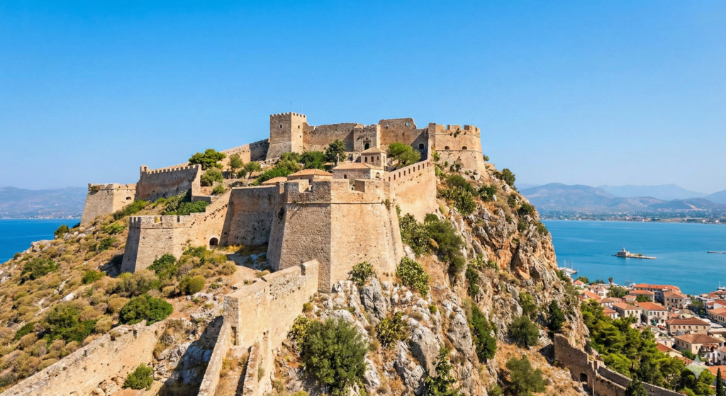 Wenecka twierdza Palamidi w Nafplio, kamienne mury obronne i bastiony rozciągające się na szczycie wzgórza nad błękitnym morzem.