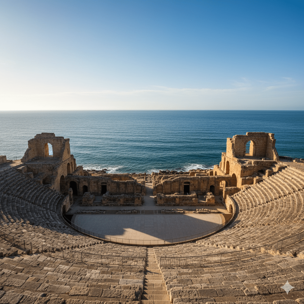 Starożytny, kamienny amfiteatr rzymski w Tarragonie usytuowany bezpośrednio nad brzegiem błękitnego Morza Śródziemnego.