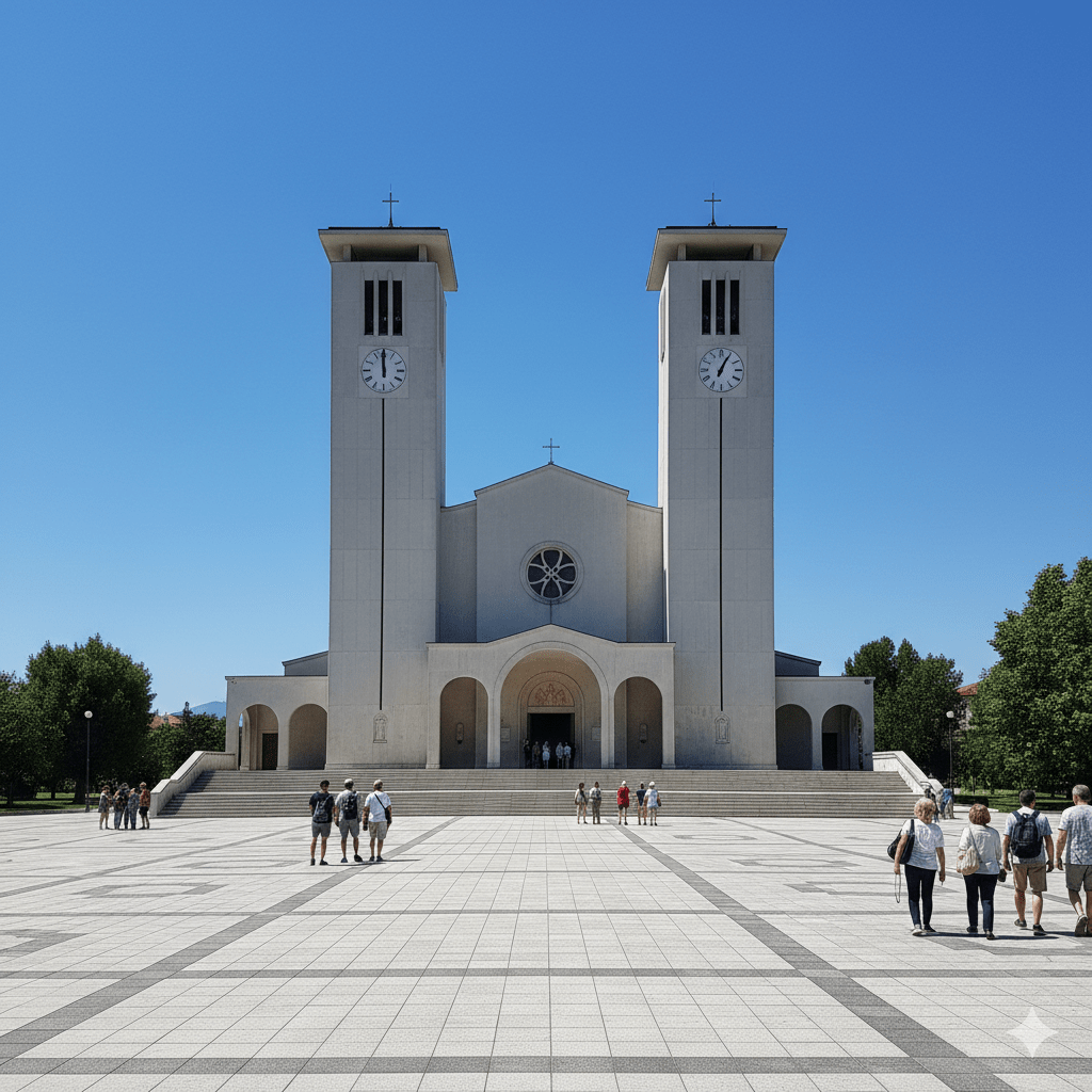 Kamienny kościół o dwóch charakterystycznych, wysokich wieżach z płaskimi dachami, otoczony szerokim placem wyłożonym jasną kostką