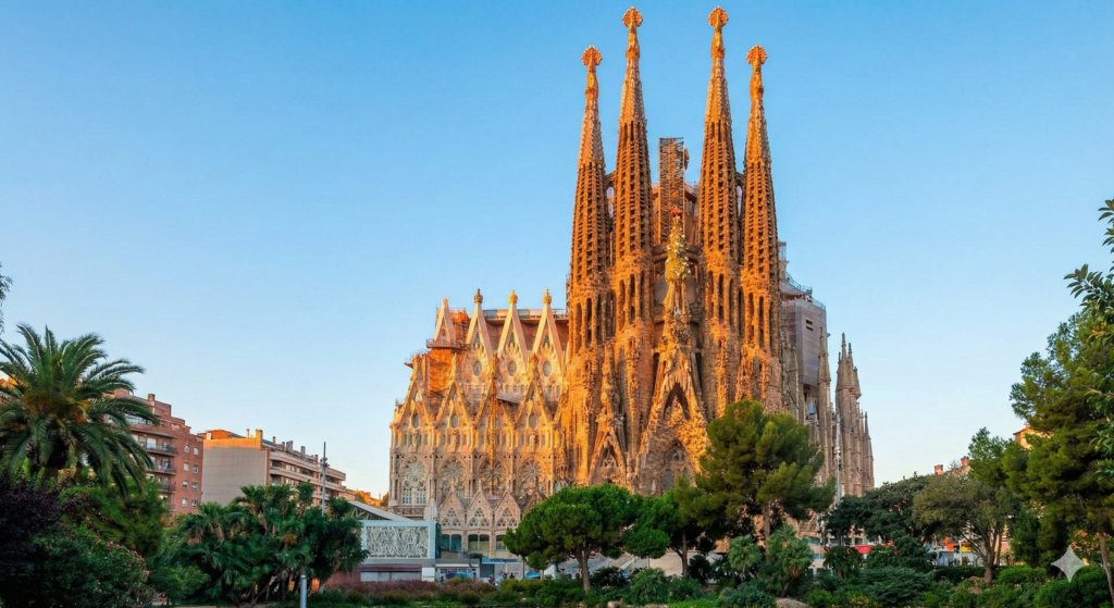 Monumentalna i fantazyjna fasada bazyliki Sagrada Familia, stanowiąca symbol geniuszu Antonio Gaudiego oraz najsłynniejszą ikonę architektury Barcelony.