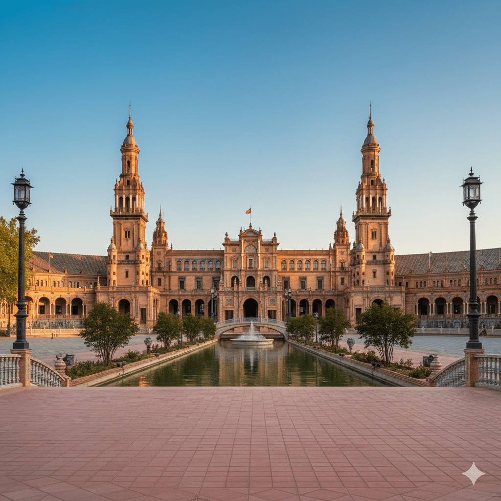 Imponujący, półkolisty gmach Plaza de España w Sewilli z widocznymi wieżami, mozaikowymi niszami i ozdobnymi balustradami, skąpany w popołudniowym słońcu.