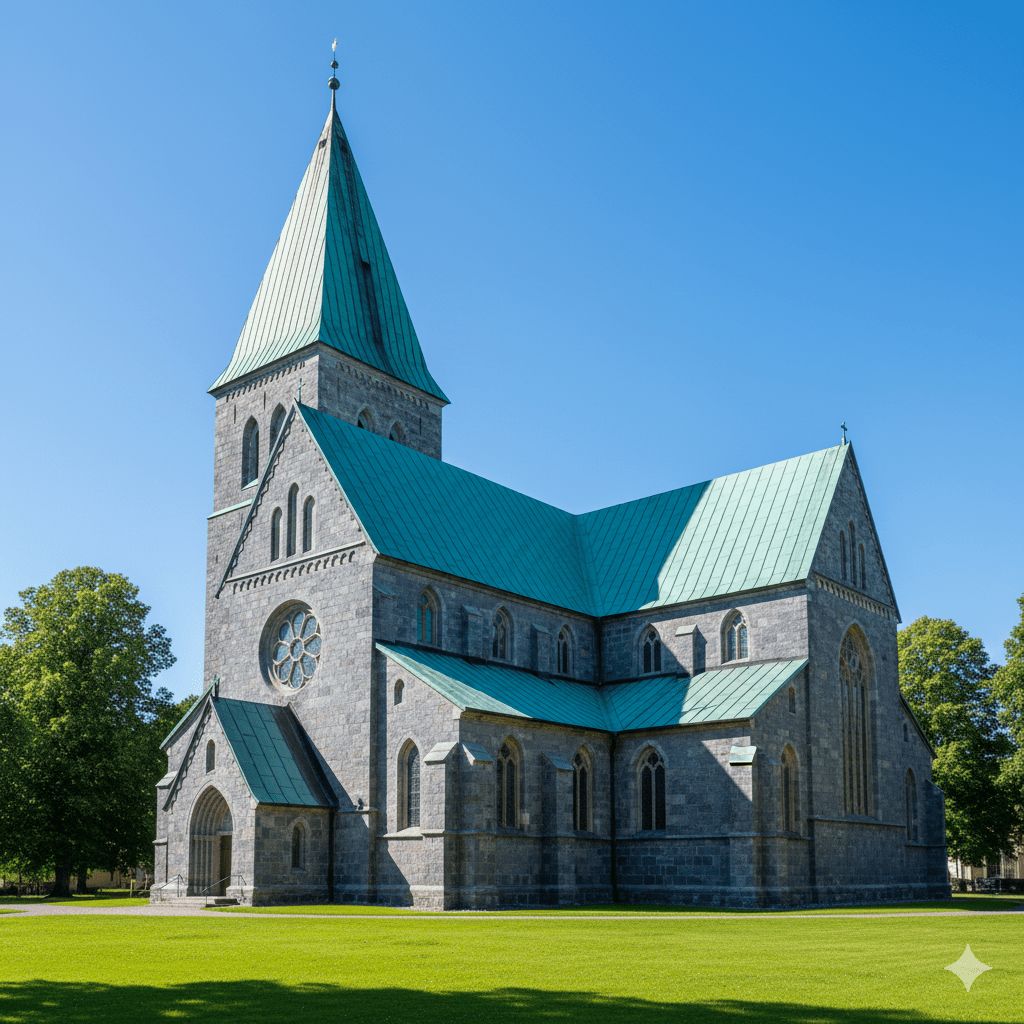 Średniowieczny kościół klasztorny w Vadstenie Gotycki kościół klasztorny zbudowany z charakterystycznego niebieskawego wapienia, stojący na tle soczyście zielonej trawy. Budynek posiada wysoką, spadzistą, miedzianą wieżę i strzeliste okna. Scena jest oświetlona jasnym, letnim słońcem, a na błękitnym niebie nie ma chmur. Obiekt emanuje surowym, duchowym pięknem. Śladami świętej Brygidy Szwedzkiej