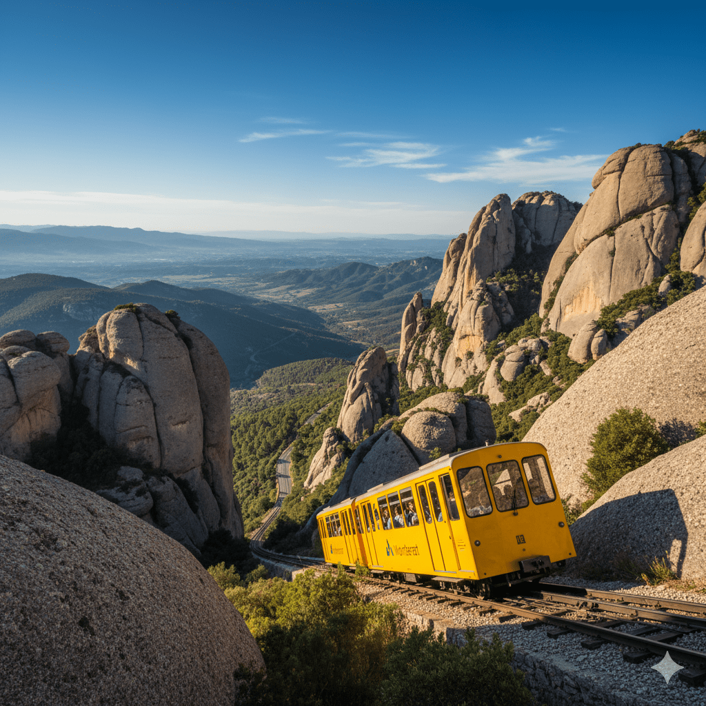 Żółty wagonik kolejki szynowej wspinający się po stromym zboczu wśród obłych, jasnoszarych formacji skalnych masywu Montserrat.