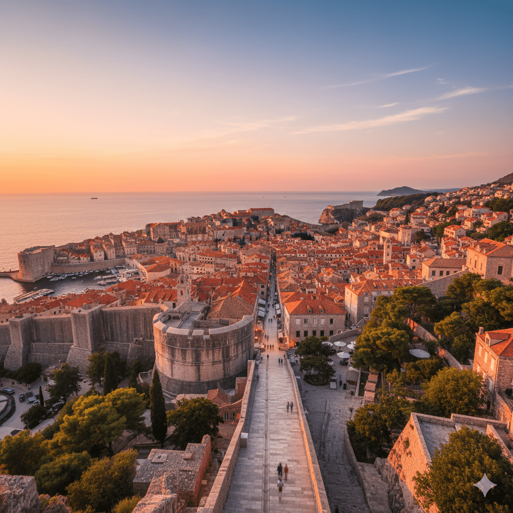 Zbliżenie na monumentalną, kamienną dzwonnicę Katedry św. Duje w Splicie. Zabytkowa budowla z jasnego wapienia, prezentująca kunsztowne detale romańskiej architektury na tle bezchmurnego, letniego nieba. Dzwonnica katedry w Splicie.