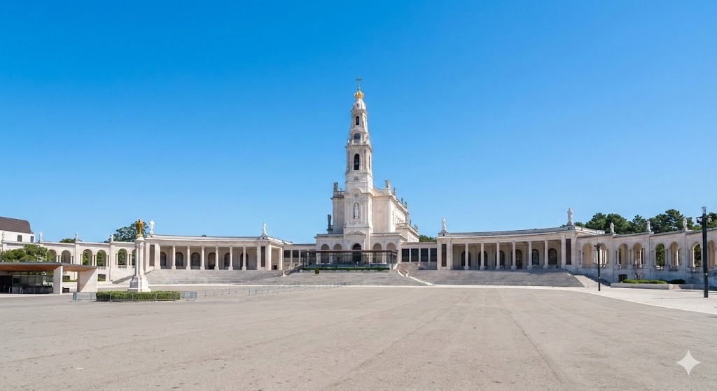 Widok na monumentalną, śnieżnobiałą Bazylikę Matki Boskiej Różańcowej w Fatimie z wysoką wieżą zwieńczoną złotą koroną, skąpaną w pełnym słońcu na tle bezchmurnego nieba.