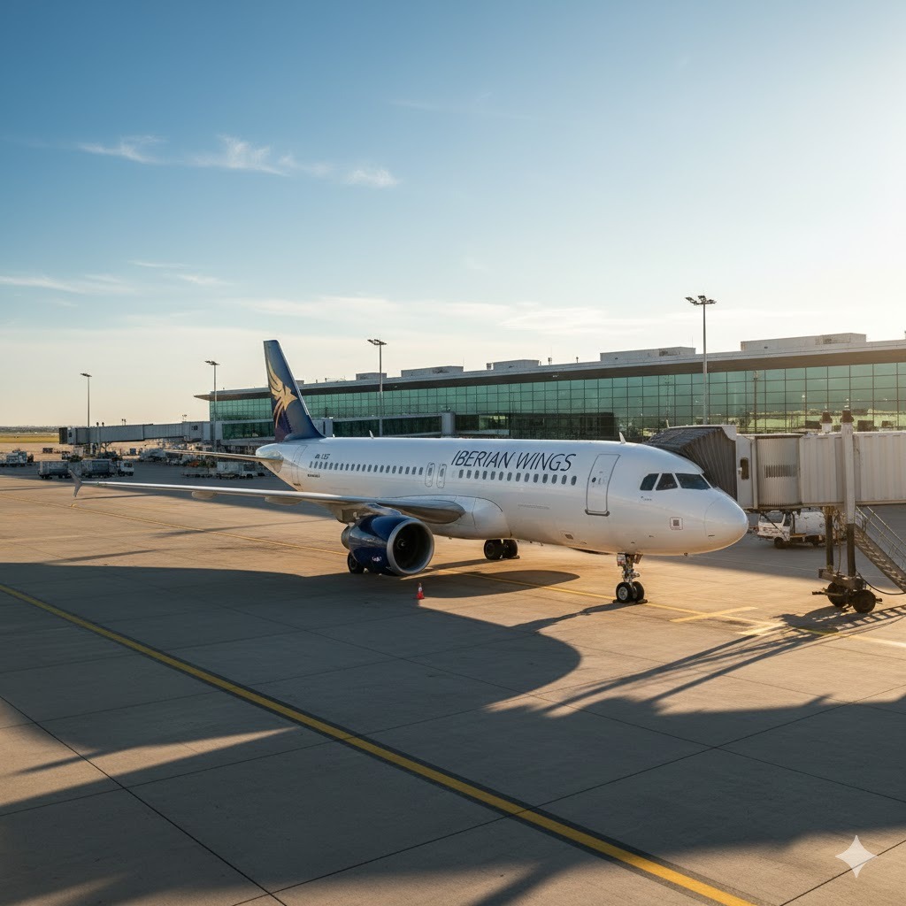 Dzień 1: Nowoczesny, biały samolot pasażerski zaparkowany na nasłonecznionej płycie lotniska, gotowy do startu.