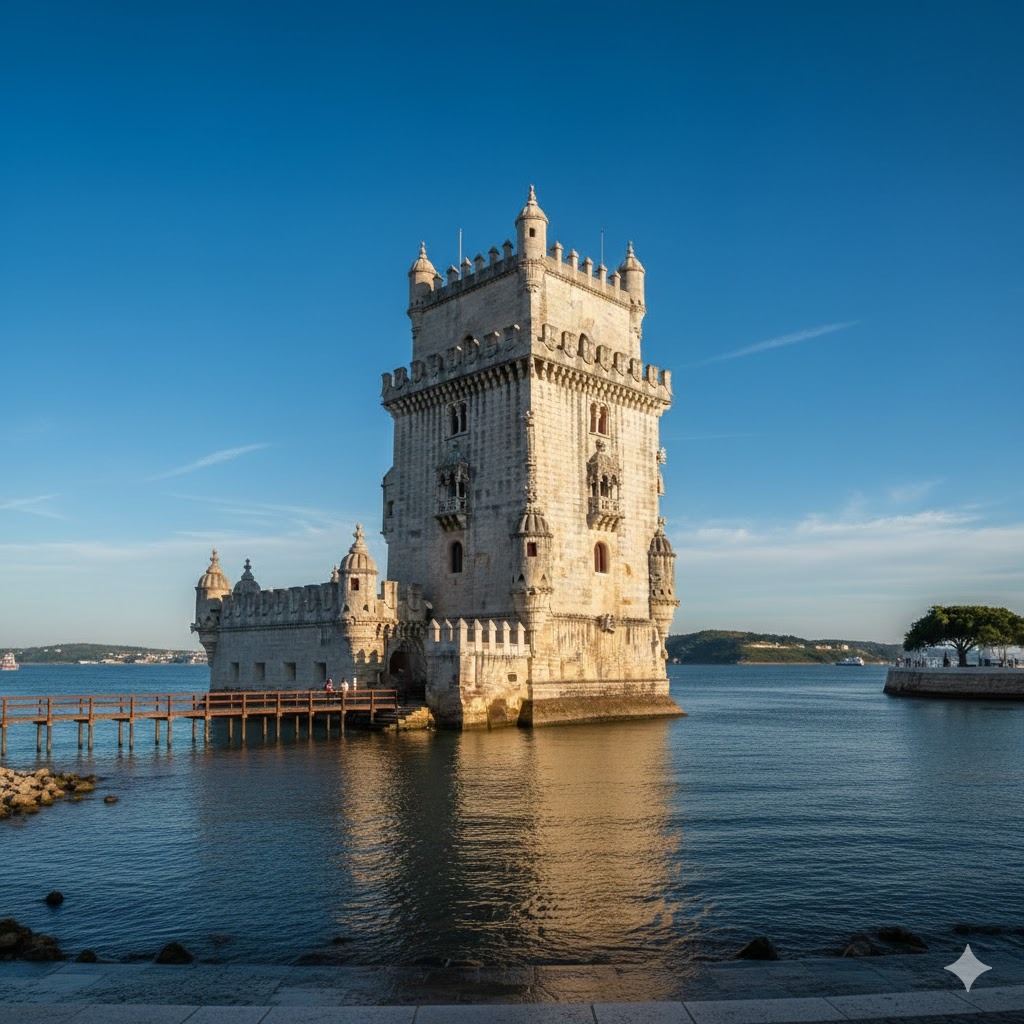 Dzień 3: Kamienna, bogato rzeźbiona wieża Belém w Lizbonie, wyrastająca tuż przy brzegu błękitnej rzeki Tag.
