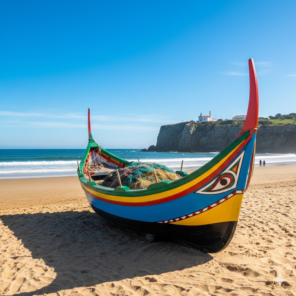 Dzień 4: Tradycyjna, jaskrawo pomalowana łódź rybacka o charakterystycznym, zadartym dziobie, spoczywająca na szerokiej plaży w Nazaré.