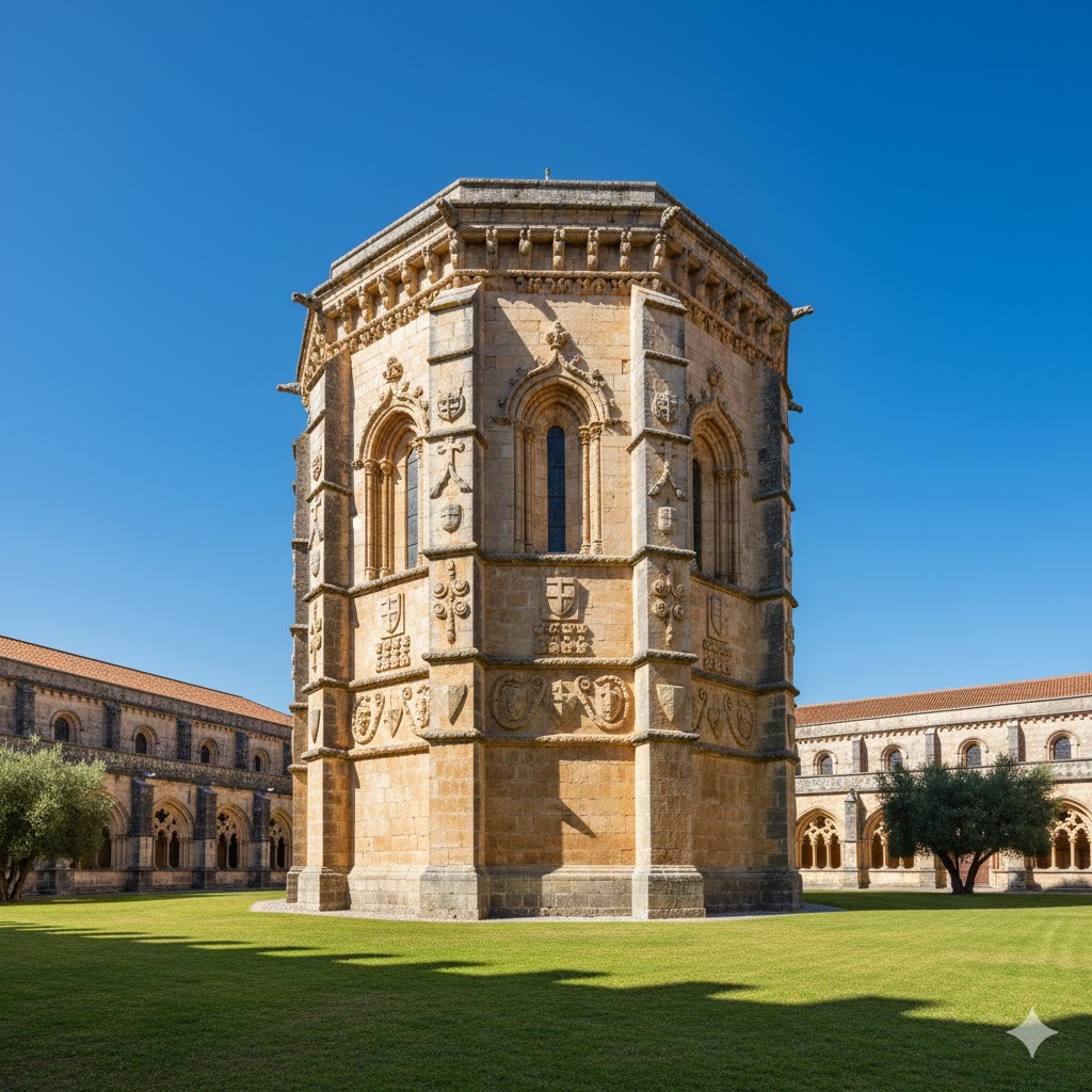 Dzień 5: Unikalna, ośmioboczna rotunda templariuszy w klasztorze w Tomar, wykonana z surowego, piaskowego kamienia z misternymi detalami.