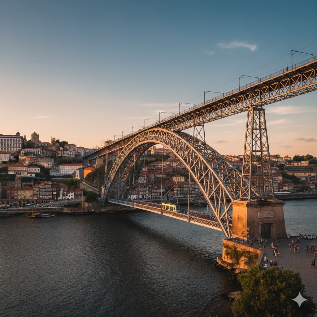 Dzień 6: Potężny, stalowy most dwupoziomowy Ponte Dom Luís I, rozpięty nad szerokim korytem rzeki Douro w Porto.