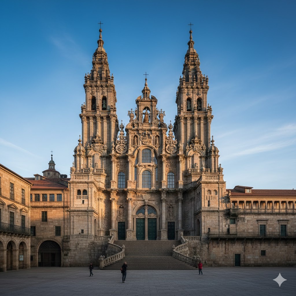 Dzień 7: Wspaniała, barokowa fasada katedry w Santiago de Compostela z dwiema wysokimi wieżami i licznymi rzeźbieniami z szarego granitu.