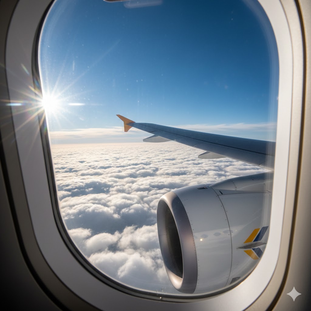 Dzień 8: Skrzydło białego samolotu widoczne na tle czystego, błękitnego nieba i białej warstwy puszystych chmur.