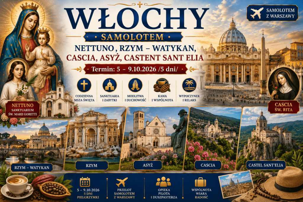 wlochy samolotem rzym watykan asyz cascia 2026 banner bez sciany tekstu
