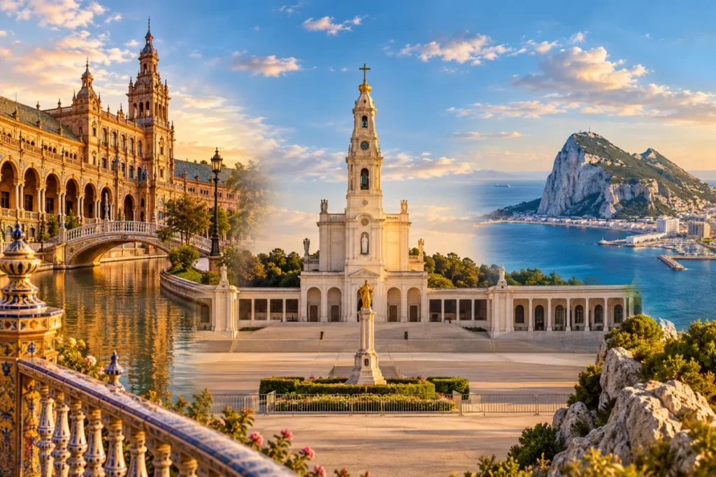 Ilustracja pielgrzymki: sanktuarium w Fatimie, Plaza de España w Sewilli i Skała Gibraltarska